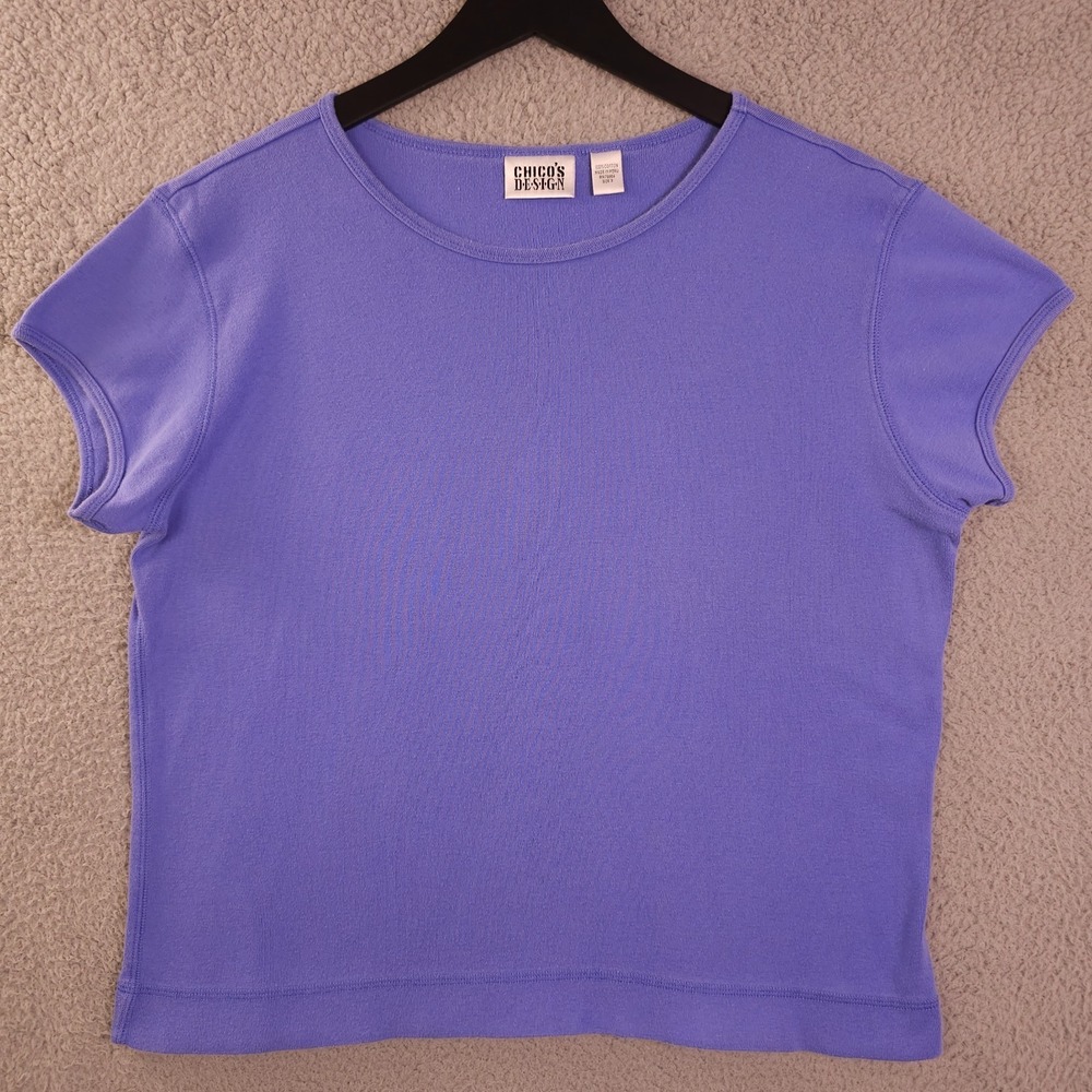 Vintage Chicos Design Shirt Womens 3 US XL Purple Blue Crew Neck Cap Sleeve Tee